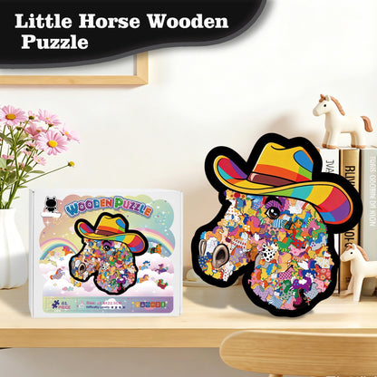 🦄🌈2026 Niedliches Puzzle-Set: Cowboyhut, Pony, Gerahmtes Stapelpuzzle, Unregelmäßig geformtes Holzpuzzle
