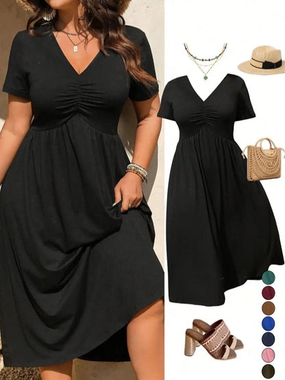 📢📢Limitiertes Angebot – 50 % Rabatt !! ⏰Midi-Kleid in Übergröße mit V-Ausschnitt, Rüschen und kurzen Ärmeln
