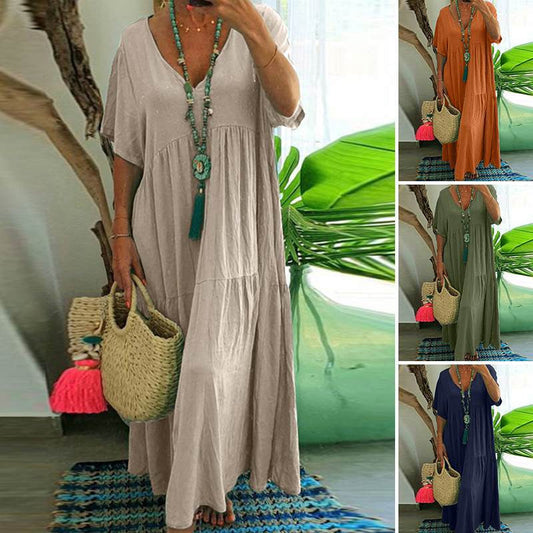 🔥👗 50% RABATT! Lässiges langes Damenkleid mit kurzen Ärmeln – vielseitig, figurschmeichelnd, ideal für Alltag & Urlaub. ✨🌿