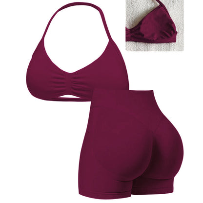 🌞Frühlingserwachen: 50% Rabatt!💜Damen Nahtloses Yoga Set – Neckholder-Top & Hoher Bund Shorts, Formgebend & Hohe Elastizität für Fitness & Yog