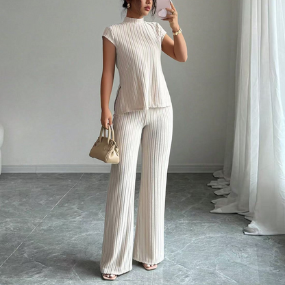 👗 JETZT 36 % RABATT! 🌸 Elegantes 2-teiliges Set aus Oberteil mit Stehkragen und Hose mit weitem Bein – gerippte Struktur, fließende Silhouette und vielseitiger Stil ✨
