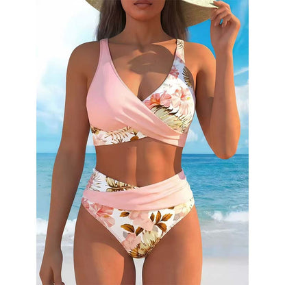 Blumen-Bikini-Set mit hoher Taille – Wickel-Oberteil & formschlüssige Hose für Strand & Pool