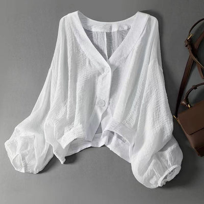 👕 LIMITED-TIME 50% OFF! ✨ Women's Lightweight Sun Protection Shirt – Deep V-Neck, Lantern Sleeves, Sheer Layer ☀️